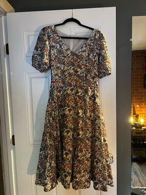 Boden Floral V-Neck Midi Dress in Cream, Orange & Blue